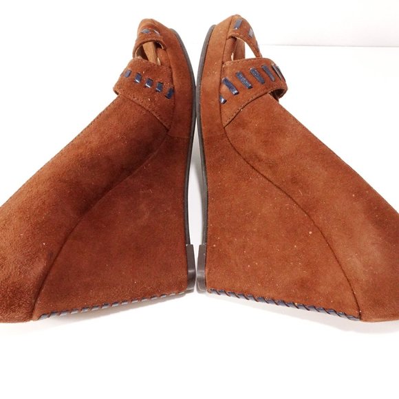 Jack rogers Brown Black Suede Leather WhipStitch Peep Toe Wedge Sandals Sz 6 - Picture 4 of 7